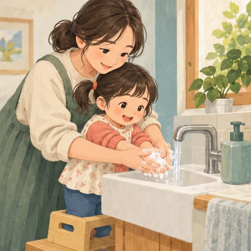 아이의 손씻기를 함께 돕는 보호자 (AI 설명용 삽화)