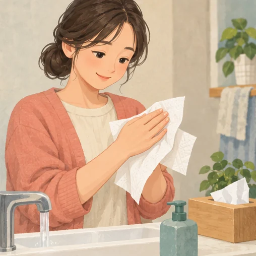 손을 씻은 뒤 종이타월로 말리는 모습 (AI 설명용 삽화)