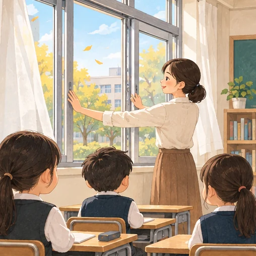 아이들이 머무는 교실을 환기하는 모습 (AI 설명용 삽화)