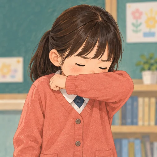옷소매로 입과 코를 가리는 학생의 기침예절 (AI 설명용 삽화)