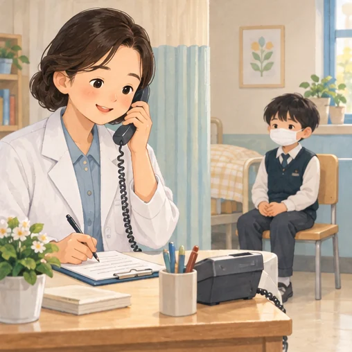 아픈 학생의 보호자에게 연락하는 학교 담당자의 모습 (AI 설명용 삽화)