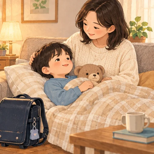 등교를 미루고 집에서 보호자와 쉬는 아이 (AI 설명용 삽화)