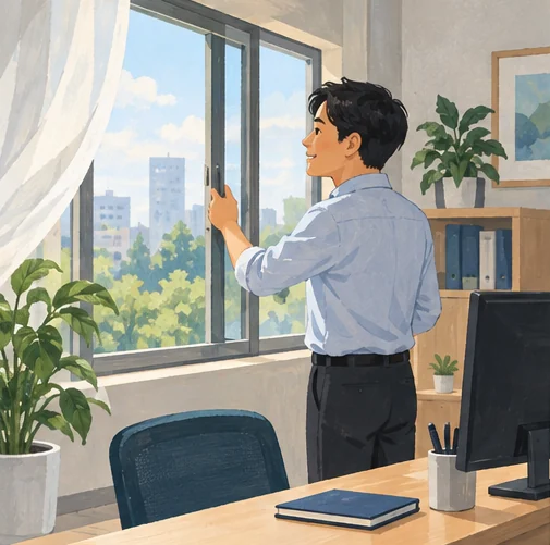 사무실 창문을 열어 외부 공기를 들이는 모습 (AI 설명용 삽화)