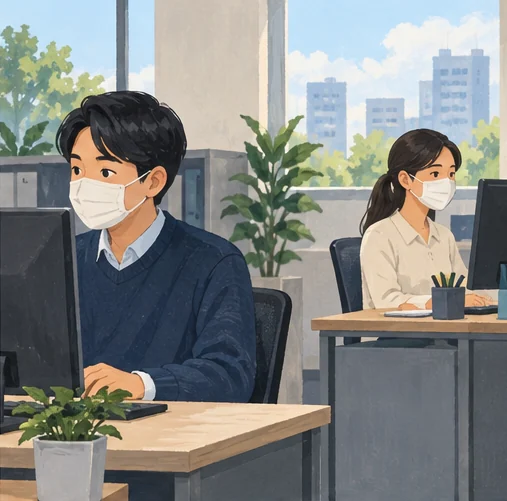 각자의 자리에서 마스크를 착용한 직원들의 모습 (AI 설명용 삽화)