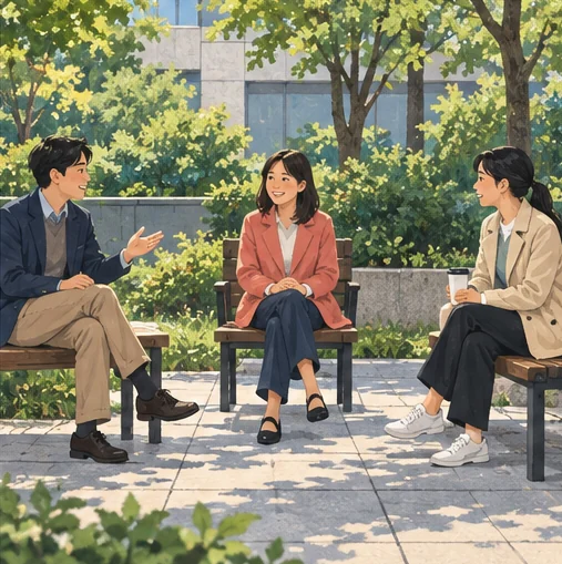 짧은 대화를 야외 공간에서 나누는 직원들 (AI 설명용 삽화)
