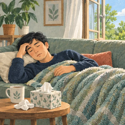 증상이 생긴 날 실내에서 휴식을 취하는 모습 (AI 설명용 삽화)