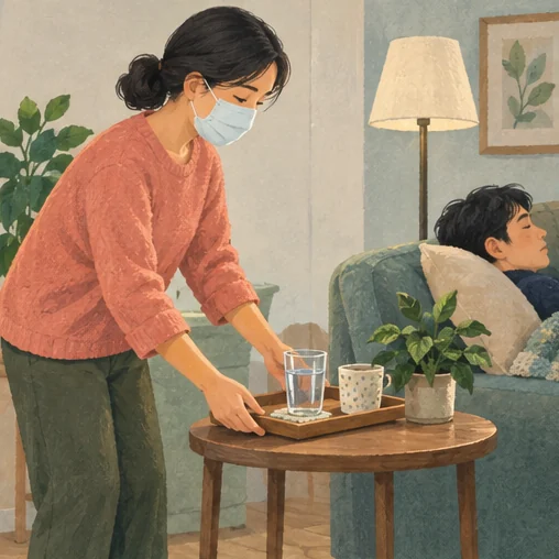 마스크를 착용하고 쉬는 가족을 돕는 보호자 (AI 설명용 삽화)