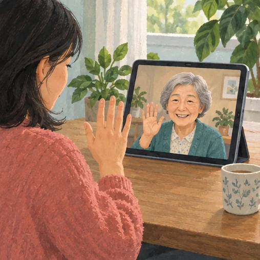 직접 만나는 대신 영상통화로 가족에게 안부를 전하는 모습 (AI 설명용 삽화)