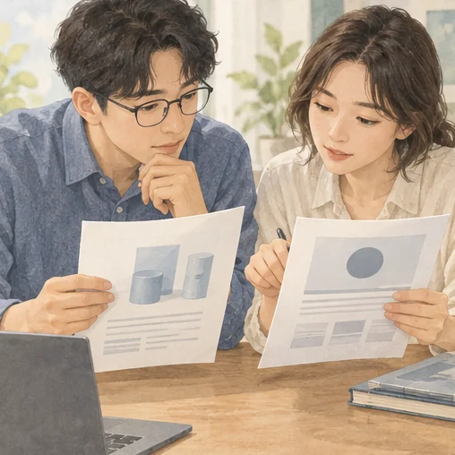 제품 설명과 회사 자료를 함께 읽는 모습 (AI 설명용 삽화)