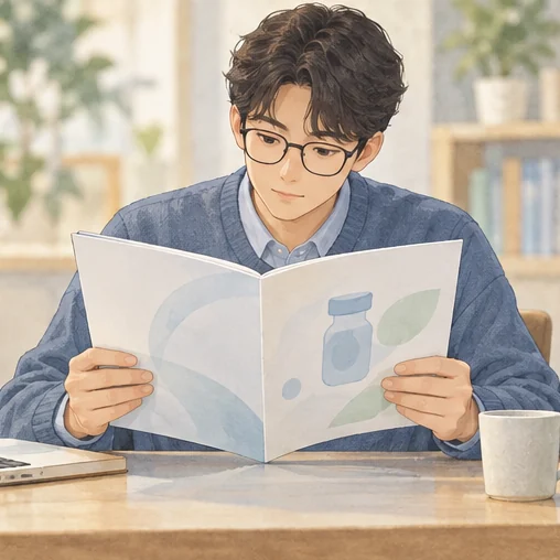 제품 안내 자료를 읽는 모습 (AI 설명용 삽화)