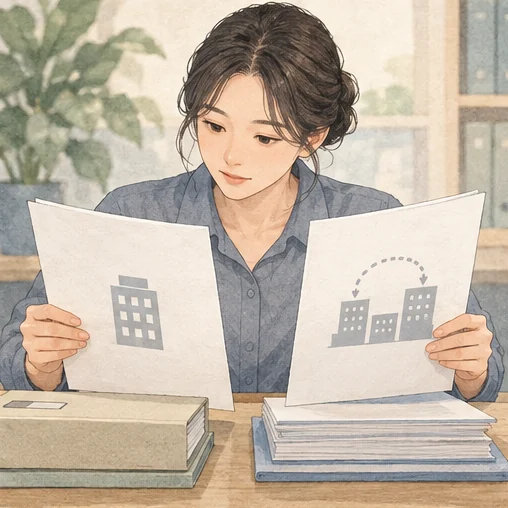 회사와 그룹 범위의 자료를 비교하는 모습 (AI 설명용 삽화)
