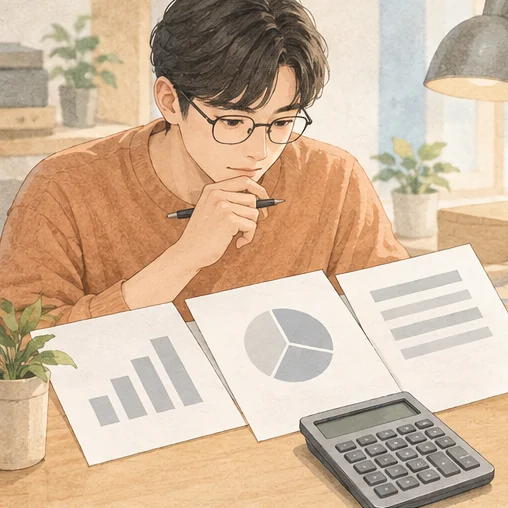 서로 다른 재무 항목을 살펴보는 모습 (AI 설명용 삽화)