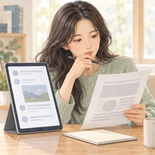 온라인 정보와 공식 보고서를 비교하는 모습 (AI 설명용 삽화)