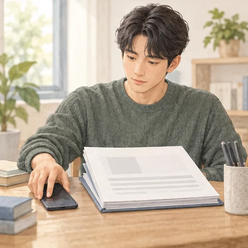전화기를 내려놓고 공시 내용을 읽는 모습 (AI 설명용 삽화)