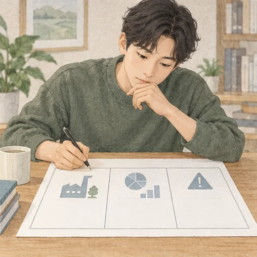 사업·재무·위험 확인 항목을 나누어 기록하는 모습 (AI 설명용 삽화)