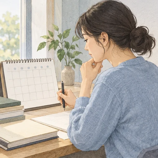 자료의 발표 시점을 달력과 함께 확인하는 모습 (AI 설명용 삽화)