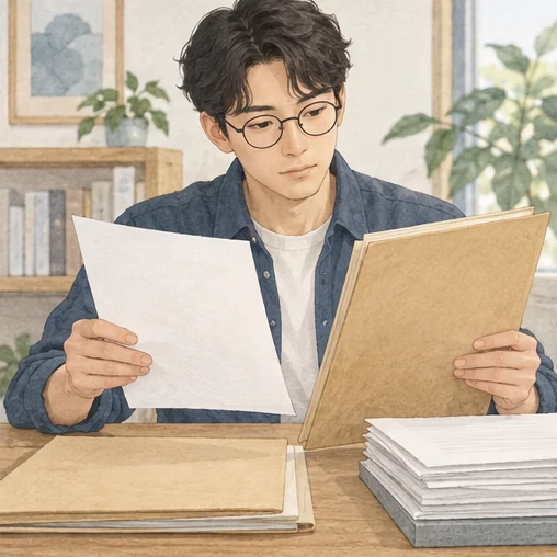 현재 자료와 이전 자료를 대조하는 모습 (AI 설명용 삽화)