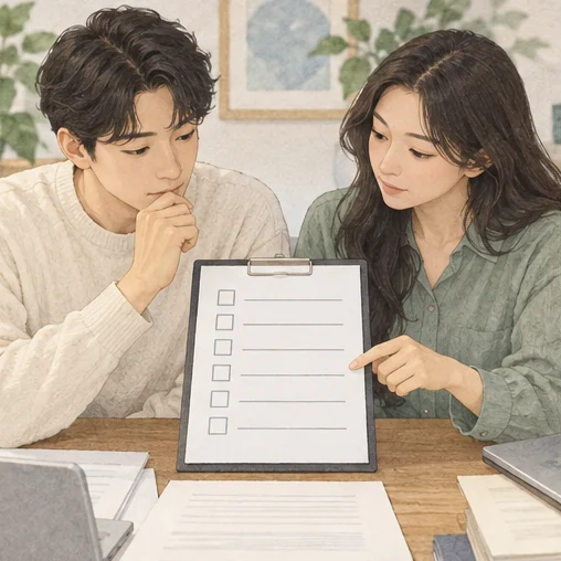 확인할 항목을 함께 검토하는 모습 (AI 설명용 삽화)