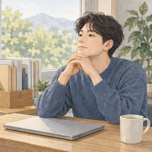 자료를 정리한 뒤 잠시 생각을 정리하는 모습 (AI 설명용 삽화)