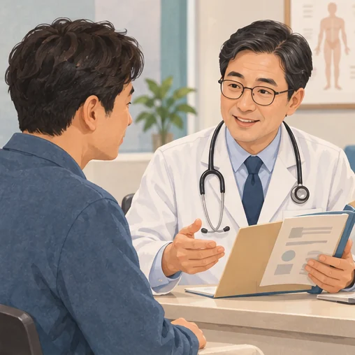 의사에게 기록을 보여주며 상담하는 장면 (AI 설명용 삽화)