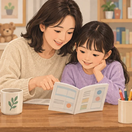 보호자와 어린이가 이전 접종수첩을 살펴보는 장면 (AI 설명용 삽화)
