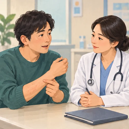 이전에 백신 접종 후 나타난 반응을 설명하는 장면 (AI 설명용 삽화)