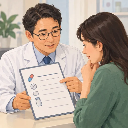 약물 관련 반응 기록을 의료진과 살펴보는 장면 (AI 설명용 삽화)