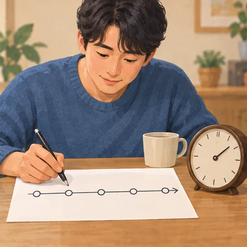 과거 반응이 나타난 시점을 시간순으로 정리하는 장면 (AI 설명용 삽화)