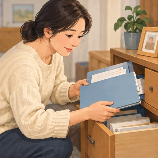 이전 진료자료를 찾아 상담에 가져갈 준비를 하는 장면 (AI 설명용 삽화)