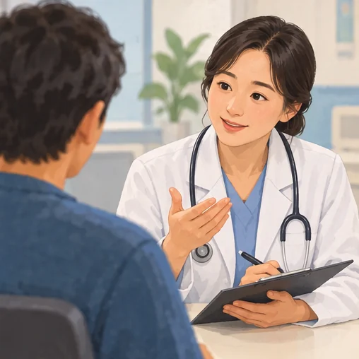 의료진이 과거 반응에 관한 설명을 듣는 장면 (AI 설명용 삽화)