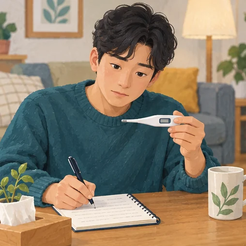 현재 증상과 체온 확인 내용을 기록하는 장면 (AI 설명용 삽화)