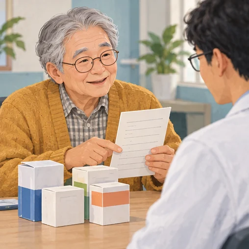 현재 복용 약 목록과 관련 자료를 제시하는 장면 (AI 설명용 삽화)