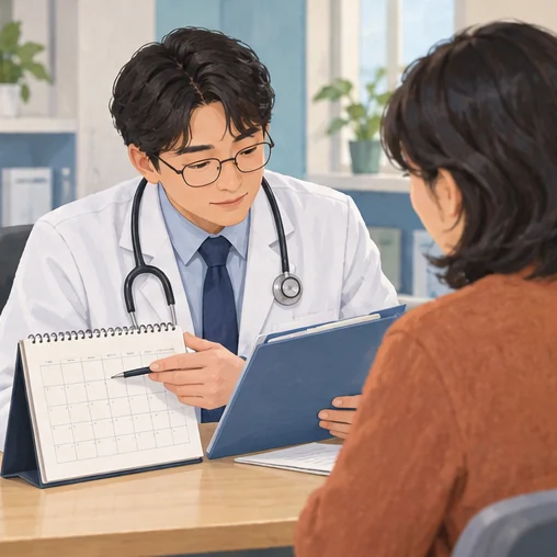 진료 일정과 건강 기록을 함께 검토하는 장면 (AI 설명용 삽화)