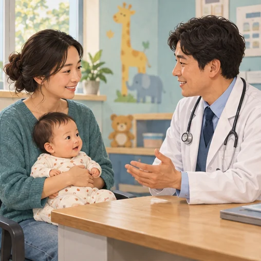영아를 돌보는 보호자가 의료진과 상담하는 장면 (AI 설명용 삽화)