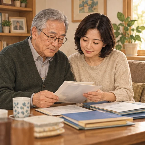 어르신과 가족이 건강 자료를 정리하는 장면 (AI 설명용 삽화)