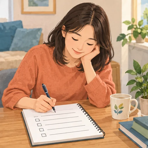 방문 전에 상담할 질문을 적어 보는 장면 (AI 설명용 삽화)