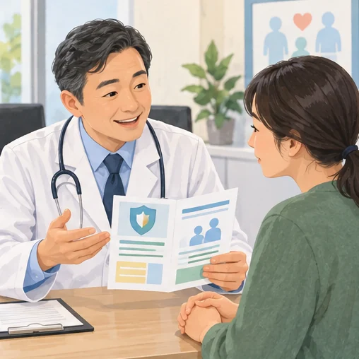 백신 설명자료를 보며 의료진에게 질문하는 장면 (AI 설명용 삽화)