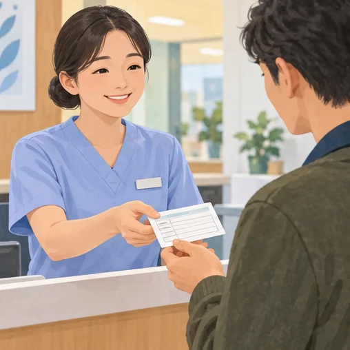 접수창구에서 접종 기록 안내를 받는 장면 (AI 설명용 삽화)