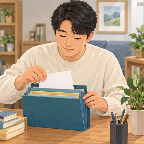 새 기록을 개인 건강 자료와 함께 보관하는 장면 (AI 설명용 삽화)