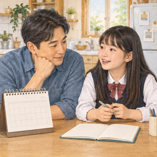 청소년의 출생 기준과 접종 계획을 확인하는 보호자 (AI 설명용 삽화)