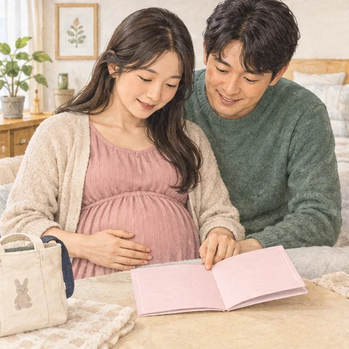 임신 확인 자료를 준비하는 부부 (AI 설명용 삽화)