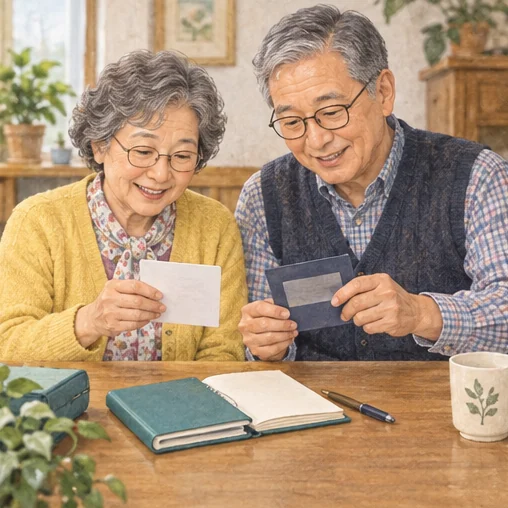 어르신의 대상 확인 자료와 일정을 정리하는 모습 (AI 설명용 삽화)