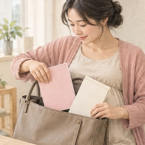 산모수첩과 임신 확인 자료를 가방에 넣는 모습 (AI 설명용 삽화)