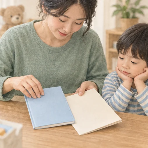자녀의 접종 기록과 가족 자료를 살펴보는 보호자 (AI 설명용 삽화)