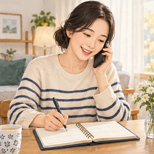 전화로 접종 가능 여부를 확인하고 메모하는 모습 (AI 설명용 삽화)