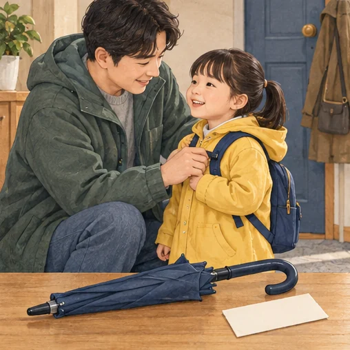 아이와 함께 이동과 방문 준비를 마치는 보호자 (AI 설명용 삽화)