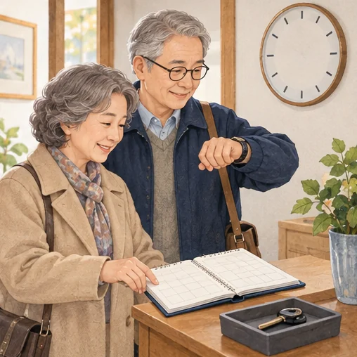 접수 시간과 이동 일정을 확인하는 어르신 부부 (AI 설명용 삽화)