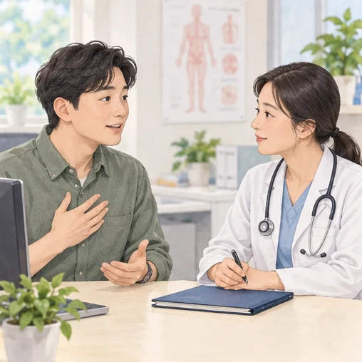 과거 건강 상태와 접종 경험을 의료진에게 알리는 모습 (AI 설명용 삽화)