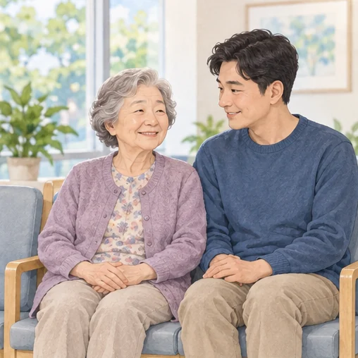 접종 기관에서 관찰 시간을 갖는 어르신과 보호자 (AI 설명용 삽화)