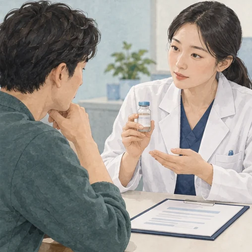 접종 안내의 내용을 의료진에게 묻는 장면. (AI 설명용 삽화)